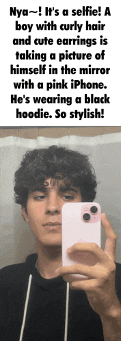 a boy with curly hair is taking a picture of himself in the mirror