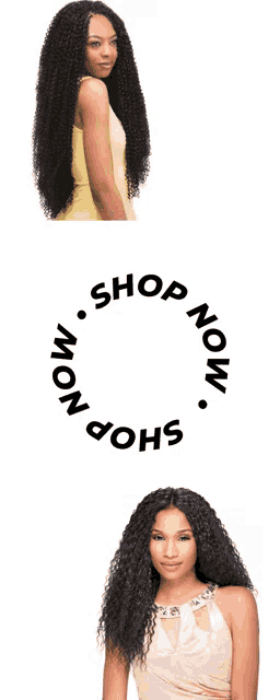 a woman in a yellow dress is next to a woman in a pink dress and a circle that says " shop now "