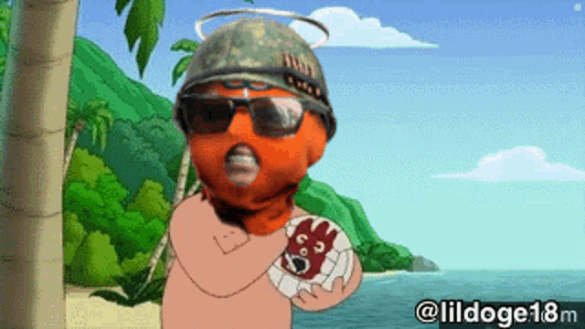 a cartoon character wearing a military helmet and sunglasses is holding a volleyball