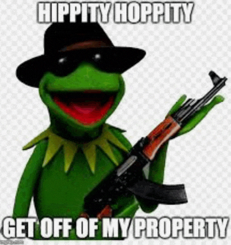 kermit the frog is wearing a hat and sunglasses while holding an ak47 gun .