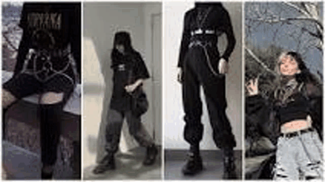 a collage of four pictures of a woman wearing a black outfit with chains .