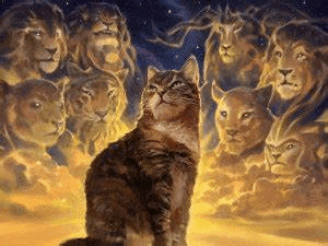 a painting of a cat sitting in front of a group of lions .