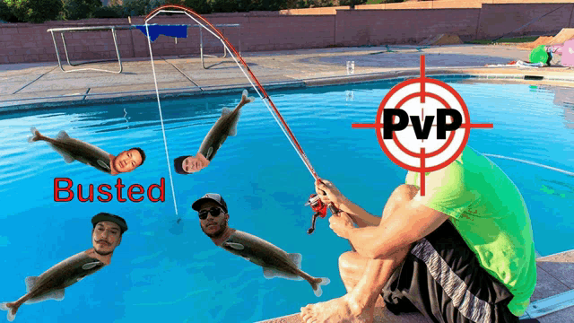 a man is fishing in a pool and has a target on his head that says pvp