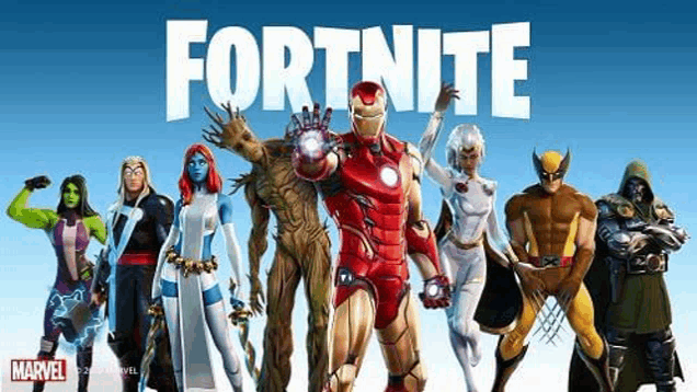 a group of superhero characters are standing next to each other in front of the fortnite logo .