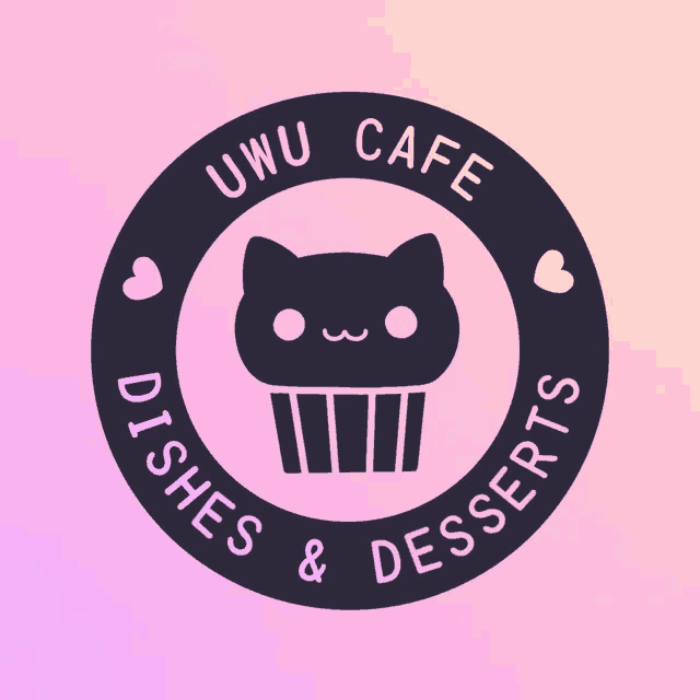 a logo for uwu cafe dishes and desserts with a cat on it