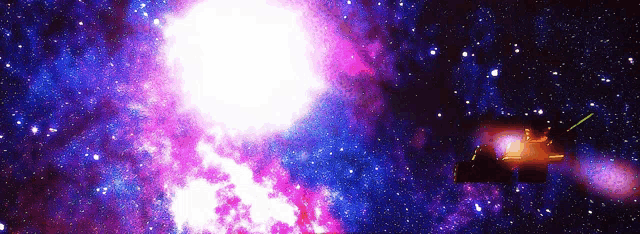 a purple and blue galaxy with a yellow arrow pointing to the center