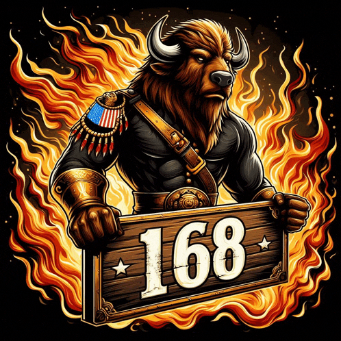 an illustration of a bull holding a sign with the number 168 on it