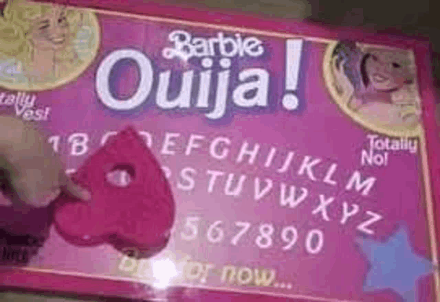 a pink barbie ouija board with a heart on it