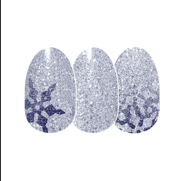 three oval shaped nail stickers with a blue and silver design