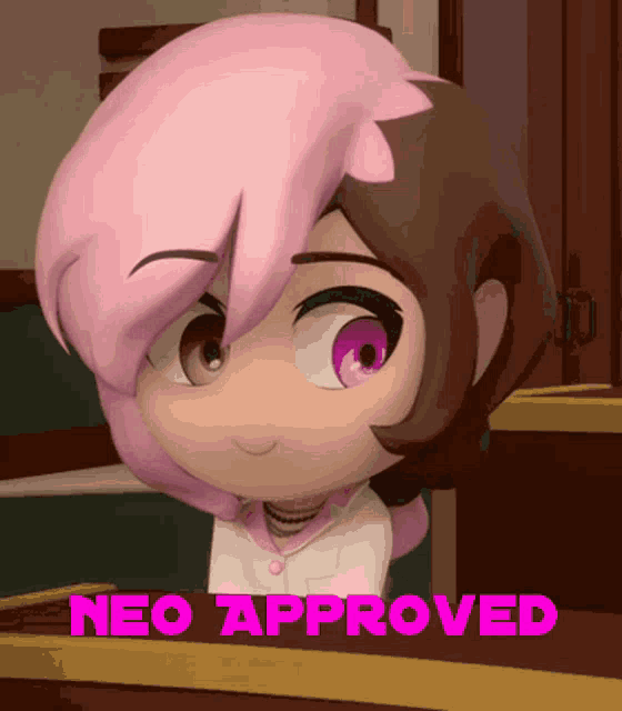 a cartoon character with pink hair and the words neo approved above her