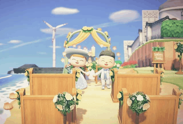 a bride and groom in a video game with a sign that says welcome