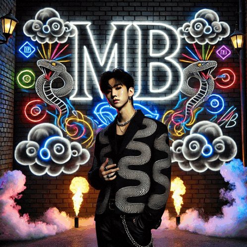 a man stands in front of a neon sign that reads mb