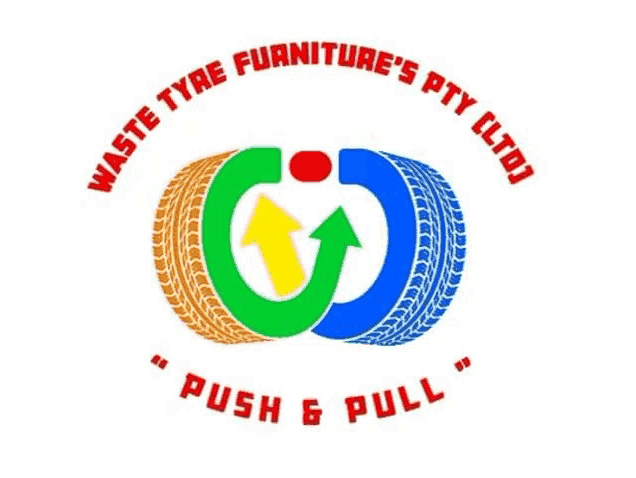 a logo for waste tyre furniture 's pty ltd shows two tires with arrows pointing in opposite directions