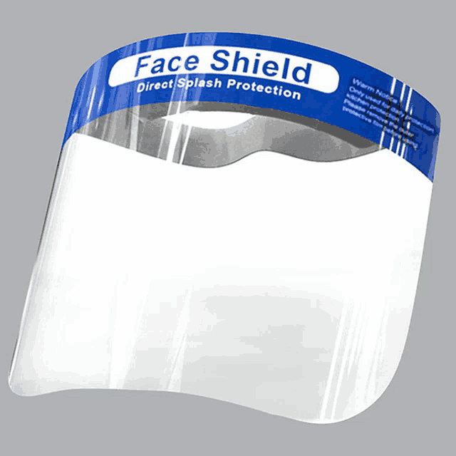 a face shield with a blue band says direct splash protection