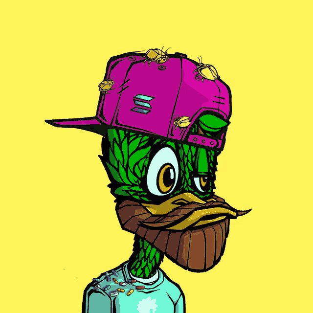 a cartoon of a duck wearing a purple hat with the letters m on it