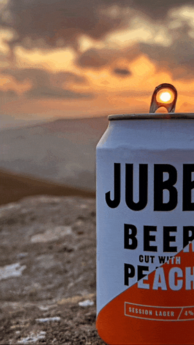 a can of jube beer sits on a rocky surface