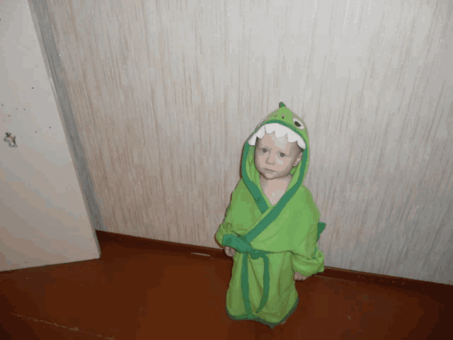 a little boy wearing a green bathrobe with a shark head on it