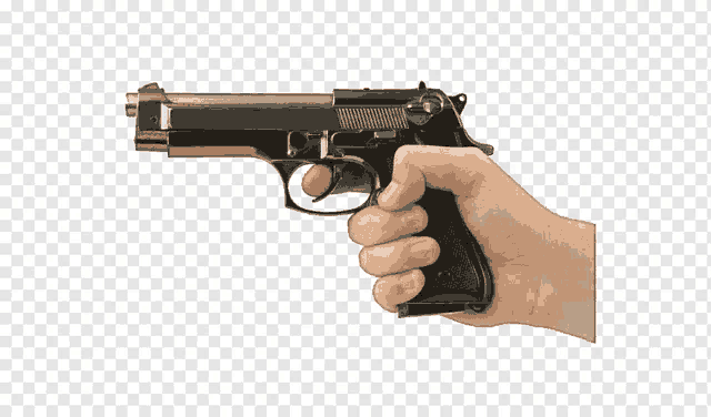 a person 's hand is holding a black gun on a white background