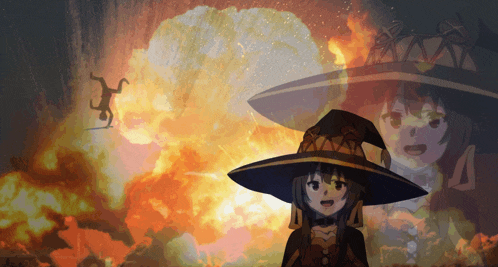 a girl in a witch 's hat stands in front of an explosion