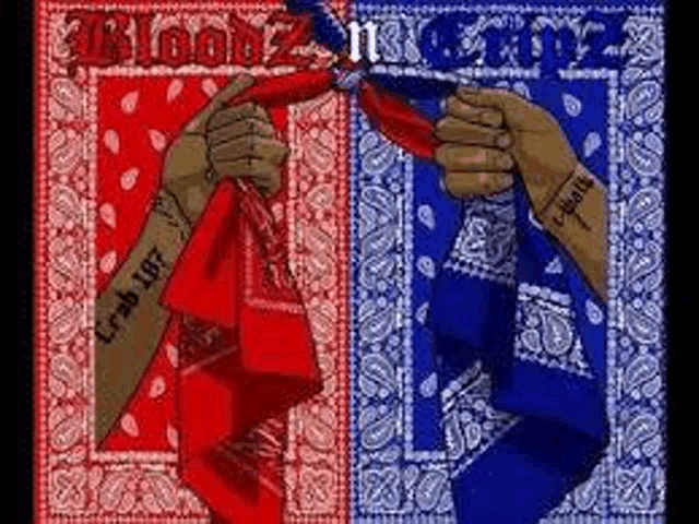 a red bandana and a blue bandana are being held together by two hands .