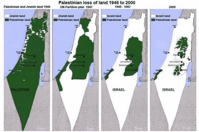 a series of maps showing the loss of palestinian land from 1946 to 2000