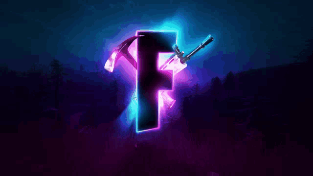 the letter f is glowing in the dark with a hammer and a gun