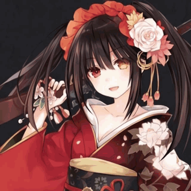 a girl wearing a red kimono with flowers in her hair