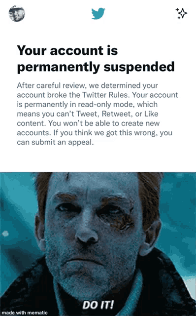 a screenshot of a twitter page that says your account is permanently suspended on it