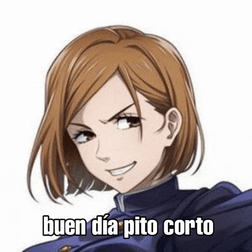 a cartoon girl with short brown hair is smiling and wearing a blue jacket with the words buen dia pito corto written on it .