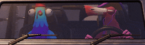 a chicken and a flamingo are sitting in a car looking out the window