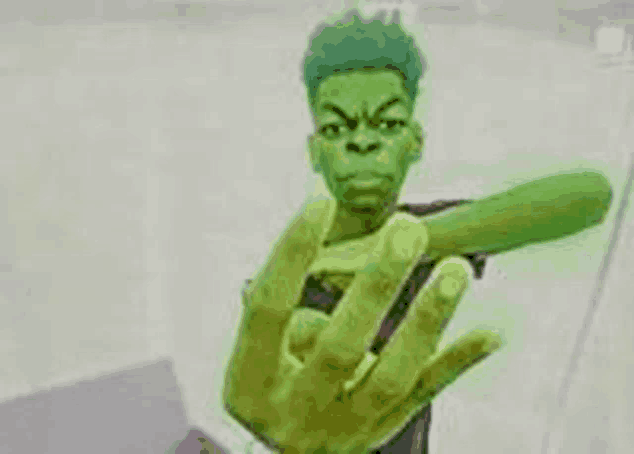 a cartoon of a man with green hair and a green hand giving the middle finger .