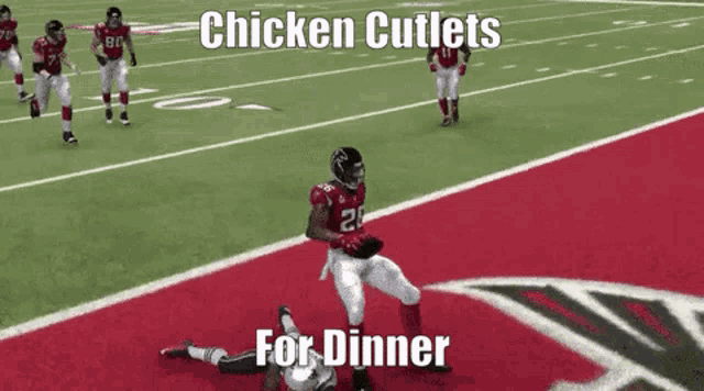 a football player is running with the ball on a field with the words chicken cutlets for dinner below him