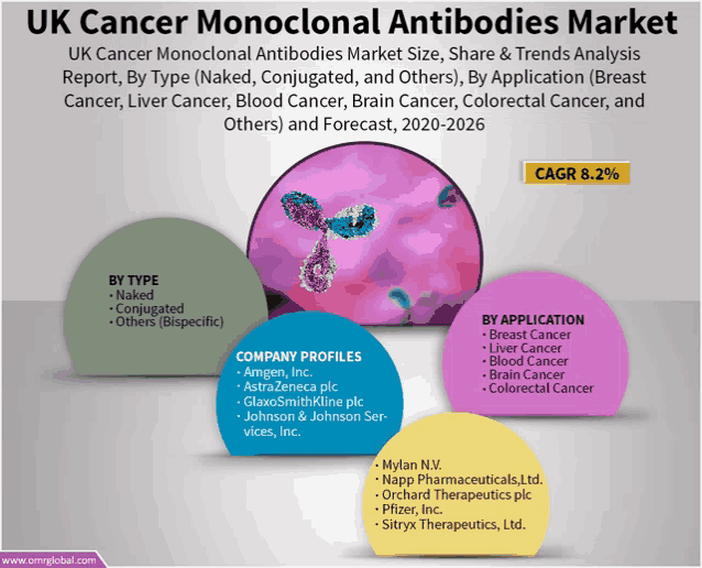 an advertisement for uk cancer monoclonal antibodies market shows a picture of an antibody