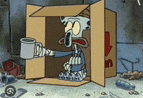 a cartoon character is sitting in a cardboard box holding a cup of coffee .