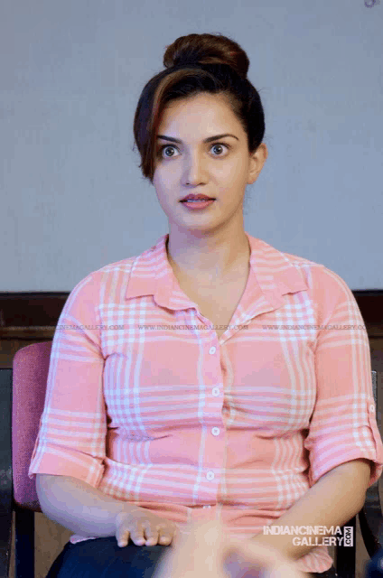 a woman wearing a pink plaid shirt is sitting in a chair in front of a wall with indiancinema gallery written on it