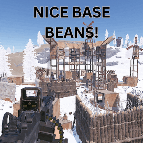 a video game scene with the words nice base beans