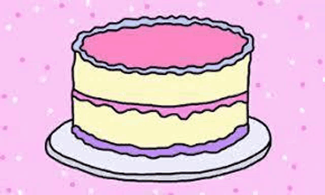 a cartoon drawing of a cake with pink frosting on a pink background .