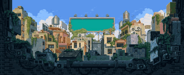 a pixel art drawing of a city with a billboard that says ' a ' on it