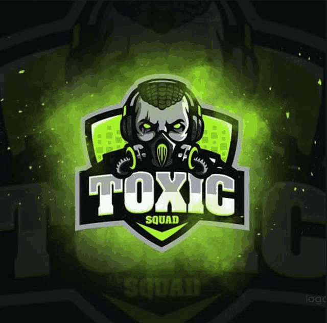 a logo for a toxic squad with a skull wearing headphones and a gas mask .