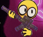 a cartoon smiley face is holding a purple gun .