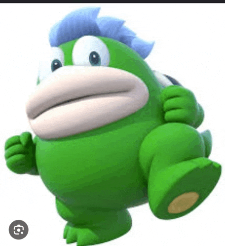 a green cartoon character with a blue mohawk and a big mouth is standing on a white background .