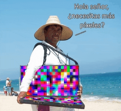 a man wearing a straw hat and carrying a briefcase says hola señor