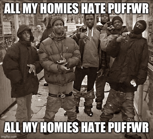 a group of young men standing next to each other with a caption that says `` all my homies hate puffwr '' .