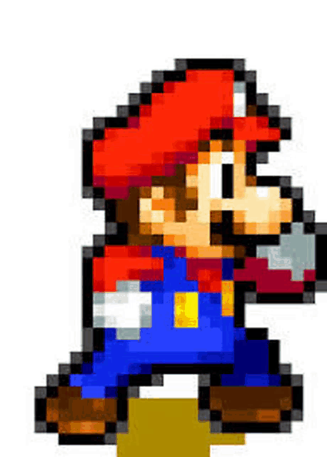 a pixel art of mario holding a knife and walking .