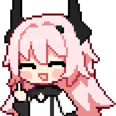 a pixel art drawing of a girl with pink hair and black horns .