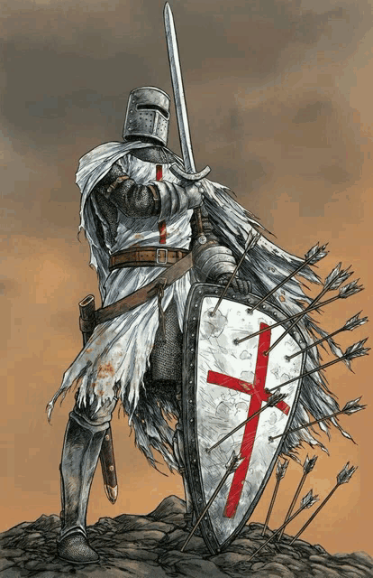 a knight is holding a sword and shield with arrows coming out of it