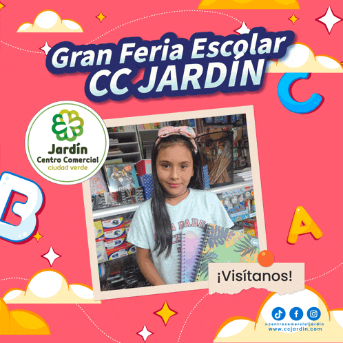 an advertisement for gran feria escolar cc jardin shows a girl