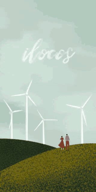 a couple standing on top of a hill with windmills in the background and the word woods above them