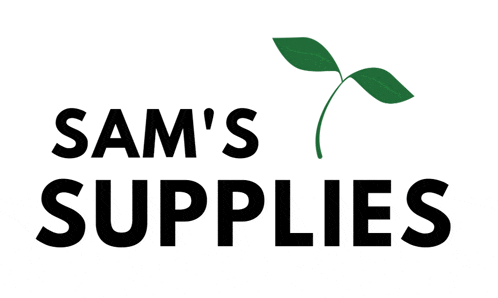 a logo for sam 's supplies with a green plant in the middle