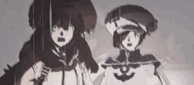 two anime characters standing next to each other in the rain .